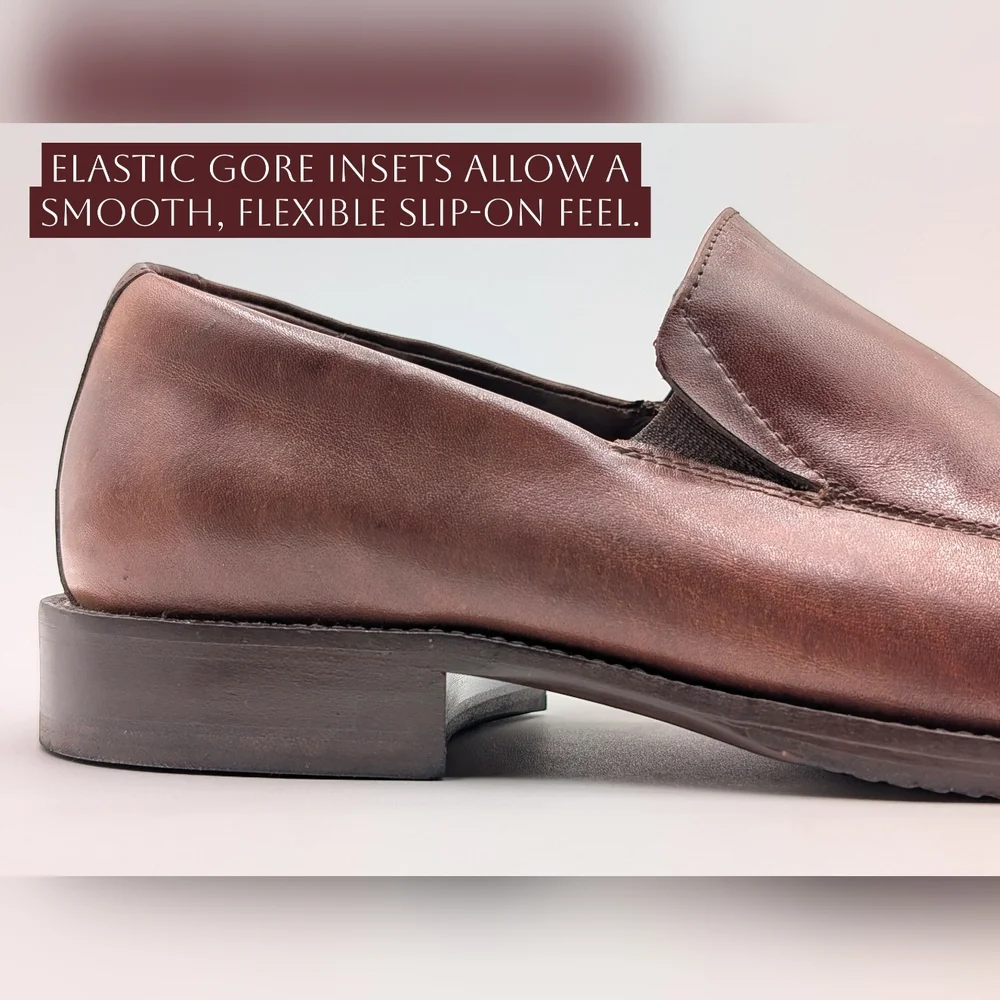 Johnston & Murphy Size 10.5M Classic Brown Genuine Leather Loafers Elastic Gore